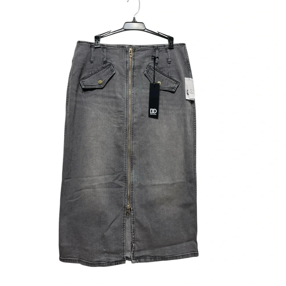 Dee Ocleppo Millie Zipper Front Denim Midi Skirt Charcoal Gray Sz 12